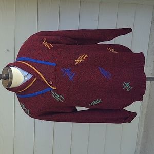 FIELD BROTHERS Knit Dark Red Blue Gold Abstract Pure Wool Sz L Shawl Sweater VTG